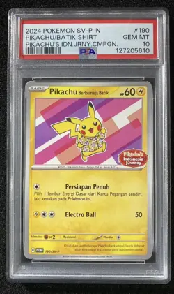 PSA 10 Pikachu Berkemeja Batik 190/SV-P Indonesia Journey Promo Pokemon Card P - Image 1