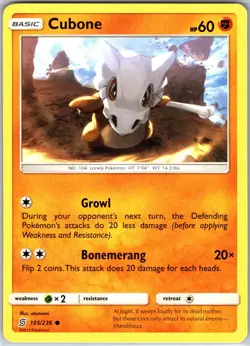 Cubone 105/236 Common Regular Card SM - Unified Minds Pokemon TCG LP - Image 1