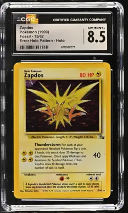 CGC 8.5 Zapdos 1999 Fossil 15/62 Error Holo Pattern,Holo Pokemon Card - Image 1