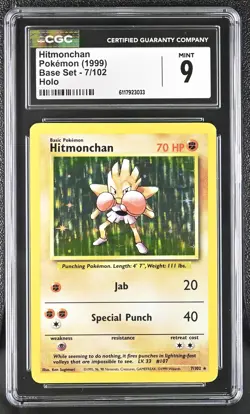CGC 9 MINT Hitmonchan 1999 Base Set 7/102 Holo Pokemon Card - Image 1