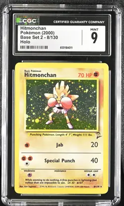 CGC 9 MINT Hitmonchan 2000 Base Set 2 8/130 Holo SWIRL Pokemon Card - Image 1