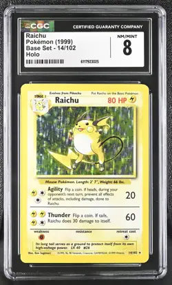 CGC 8 Raichu 1999 Base Set 14/102 Holo Pokemon Card - Image 1