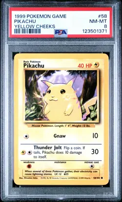 1999 POKEMON BASE SET UNLIMITED YELLOW CHEEKS #58 PIKACHU PSA 8 - Image 1