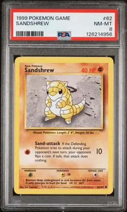 1999 POKEMON BASE SET UNLIMITED #62 SANDSHREW PSA 8 - Image 1