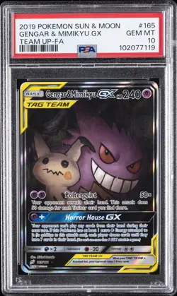 2019 POKEMON SUN & MOON TEAM UP #165 FULL ART/GENGAR & MIMIKYU GX PSA 10 - Image 1