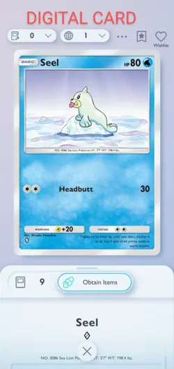 Seel 1 Diamomd Rare Card Pokemon Pocket Tcg Digital Trade NOT A PHYSICAL CARD - Image 1