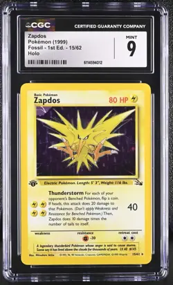 Pokemon TCG Zapdos 15/62 1999 Fossil - 1st Edition Rare Holo CGC 9 MINT - Image 1