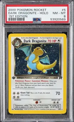 2000 POKEMON ROCKET 1ST ED #5 DARK DRAGONITE-HOLO PSA 8 - Image 1