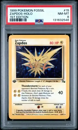 1999 POKEMON FOSSIL 1ST ED #15 ZAPDOS-HOLO PSA 8 - Image 1
