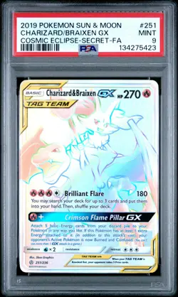 2019 POKEMON SUN & MOON COSMIC ECLIPSE FULL ART/CHARIZARD & BRAIXEN GX PSA 9 - Image 1
