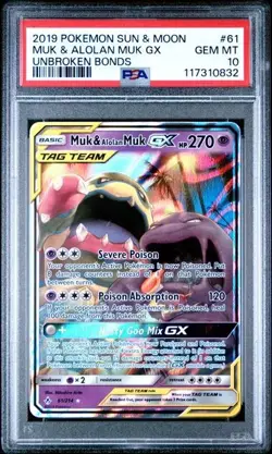 2019 POKEMON UNBROKEN BONDS MUK & ALOLAN MUK GX #61/214 PSA 10 GEM MINT - Image 1