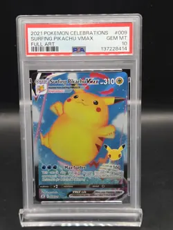 2021 Pokemon Celebrations 009 Surfing Pikachu VMAX Full Art PSA 10 - Image 1
