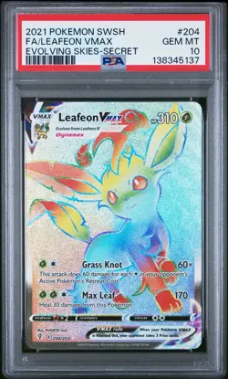 Pokemon Leafeon VMAX (Secret) 204/203 Evolving Skies Holo PSA 10 Rainbow - Image 1