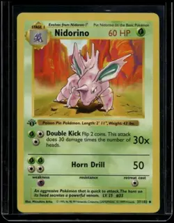 Pokemon TCG Nidorino 37/102 Base Set Shadowless 1st Edition MP - Image 1