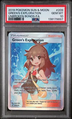 2019 POKEMON SUN & MOON UNBROKEN BONDS #209 FULL ART/GREEN'S EXPLORATION PSA 10 - Image 1