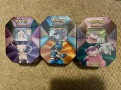 Pokemon- 3 Tin Set V Forces Mew V, Galarian Slowbro V, Lucario V- 2021 Sealed - Image 1