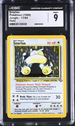 CGC 9 MINT Snorlax 1999 Jungle 11/64 Holo Pokemon Card - Image 1
