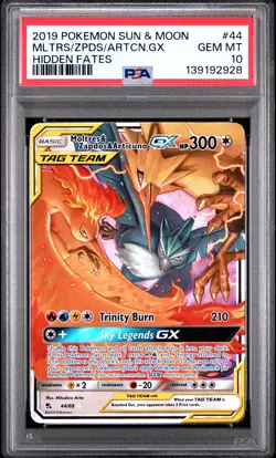 2019 POKEMON SUN & MOON HIDDEN FATES #44 MOLTRES & ZAPDOS & ARTICUNO GX PSA 10 - Image 1