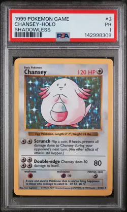 1999 POKEMON GAME SHADOWLESS #3 CHANSEY-HOLO PSA 1 - Image 1