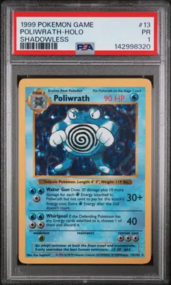 1999 POKEMON GAME SHADOWLESS #13 POLIWRATH-HOLO PSA 1 - Image 1