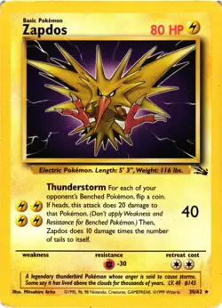 Pokemon TCG Zapdos 30/62 Fossil Unlimited Non Holo Rare DMG - Image 1