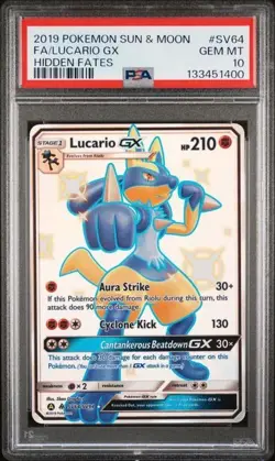2019 Pokemon Sun & Moon Hidden Fates #SV64 FA Lucario GX PSA 10 - Image 1