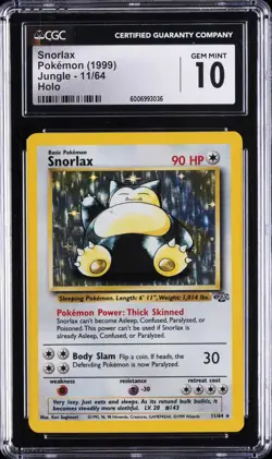 1999 POKEMON JUNGLE HOLO #11 SNORLAX CGC 10 GEM MINT - Image 1
