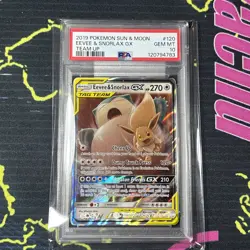 2019 POKEMON SUN & MOON TEAM UP #120 EEVEE & SNORLAX GX PSA 10 - Image 1