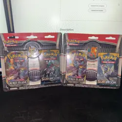 2 Pokemon Blister Rebel Clash + Sun & Moon Pack Charizard & Mimikyu Pin 820650808142 - Image 1