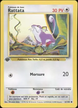 1999 Pokemon FRENCH 1st Edition Base Set Rattata 61/102 NM 2 - Image 1