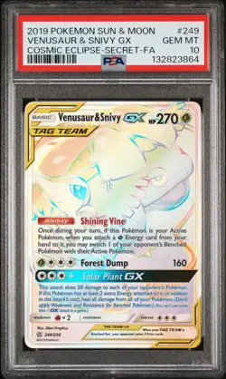 2019 POKEMON SUN & MOON COSMIC ECLIPSE #249 FULL ART/VENUSAUR & SNIVY GX PSA 10 - Image 1