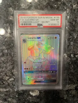 2018 POKEMON SUN & MOON FORBIDDEN LIGHT SECRET #135 FULL ART/LUCARIO GX PSA 10 - Image 1