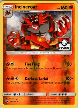 Incineroar - 26/149 (Pokemon League) 026/149 Pokemon TCG NM Reverse Holo - Image 1