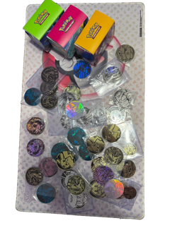 Large Pokemon TCG Character Coin lot 40 coins + 3 deck boxes w/sleeves,coin,dice - Image 1