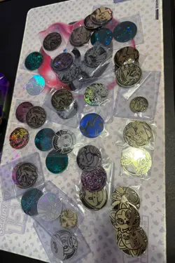 Large Pokemon TCG Character Coin lot 40 coins + 3 deck boxes w/sleeves,coin,dice - Image 4