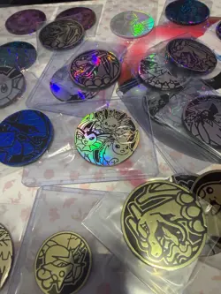 Large Pokemon TCG Character Coin lot 40 coins + 3 deck boxes w/sleeves,coin,dice - Image 5
