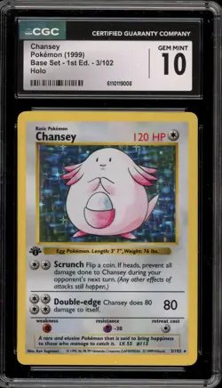 Pokemon Chansey Base Set Shadowless 1st Edition Holo Rare #3 CGC 10 Gem Mint - Image 1