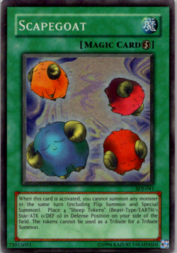 Yu-Gi-Oh! SUPER RARE HOLO CARD SCAPEGOAT SDJ-041 1996 VINTAGE PRINT LP - Image 1