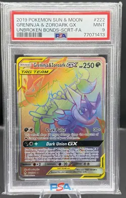 Pokemon Greninja & Zoroark GX 222/214 Unbroken Bonds PSA 9 - Image 1