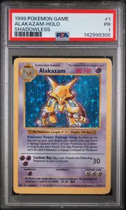 1999 POKEMON GAME SHADOWLESS #1 ALAKAZAM-HOLO PSA 1 - Image 1