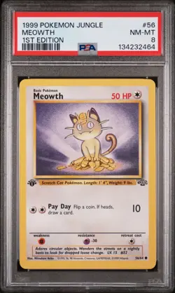POKEMON CARD 1999 PSA 8 NM MINT JUNGLE SET 1ST EDITION #56 Meowth - Image 1