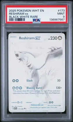 2025 POKEMON WHT EN-WHITE FLARE BLACK WHITE RARE #173 RESHIRAM EX PSA 9 - Image 1