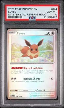 2025 POKEMON PRISMATIC EVOLUTIONS #074 EEVEE MASTER BALL REVERSE HOLO PSA 10 - Image 1
