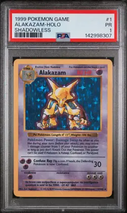 1999 POKEMON GAME SHADOWLESS #1 ALAKAZAM-HOLO PSA 1 - Image 1