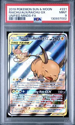 Raichu & Alolan Raichu GX Alternate Full Art 221/236 Pokemon Unified Minds PSA 9 - Image 1