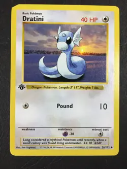 1999 Pokemon Game Base Set 1st Edition #26 DRATINI Shadowless, Cut Corner Error - Image 1