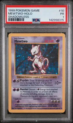 1999 POKEMON GAME SHADOWLESS #10 MEWTWO-HOLO PSA 1 - Image 1
