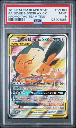 Pokemon Eevee & Snorlax 2019 SM Black Star Promo Tag Team GX SM169 PSA 9 - Image 1