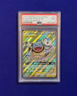 PSA 9 Blastoise & Piplup GX #215 Sun & Moon Cosmic Eclipse 2019 Pokemon MINT - Image 1