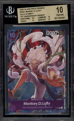 One Piece CCG Monkey.D.Luffy 1st Anniversary Winner Gold Star Promo P-041 BGS 10 - Image 1